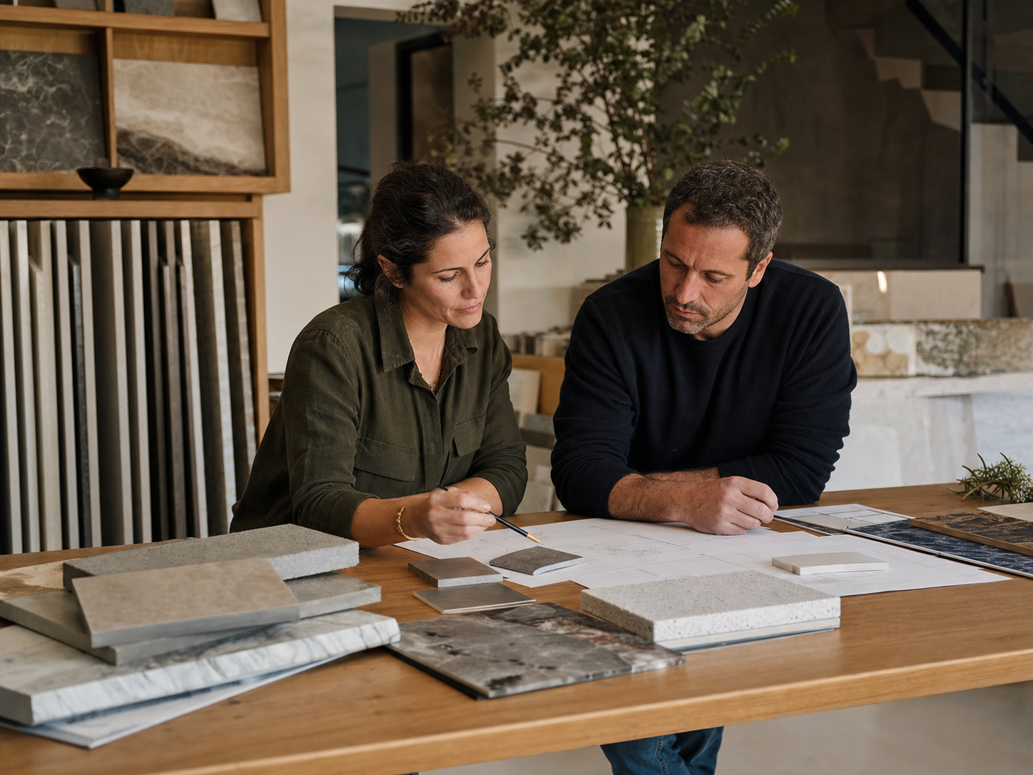 Équipe familiale Surface Stone autour d’échantillons et de plans