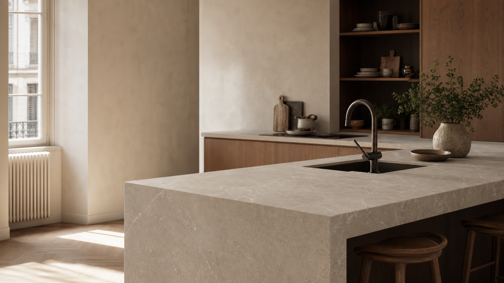 Cuisine contemporaine avec îlot en quartz ou céramique
