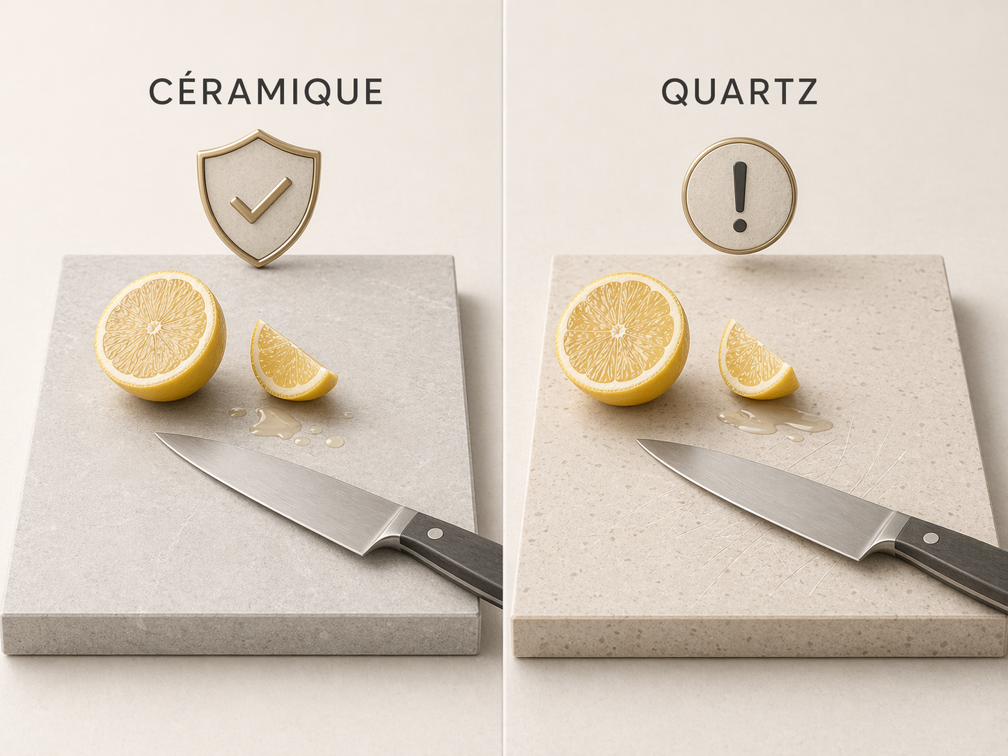 Comparatif céramique et quartz face aux rayures et aux acides